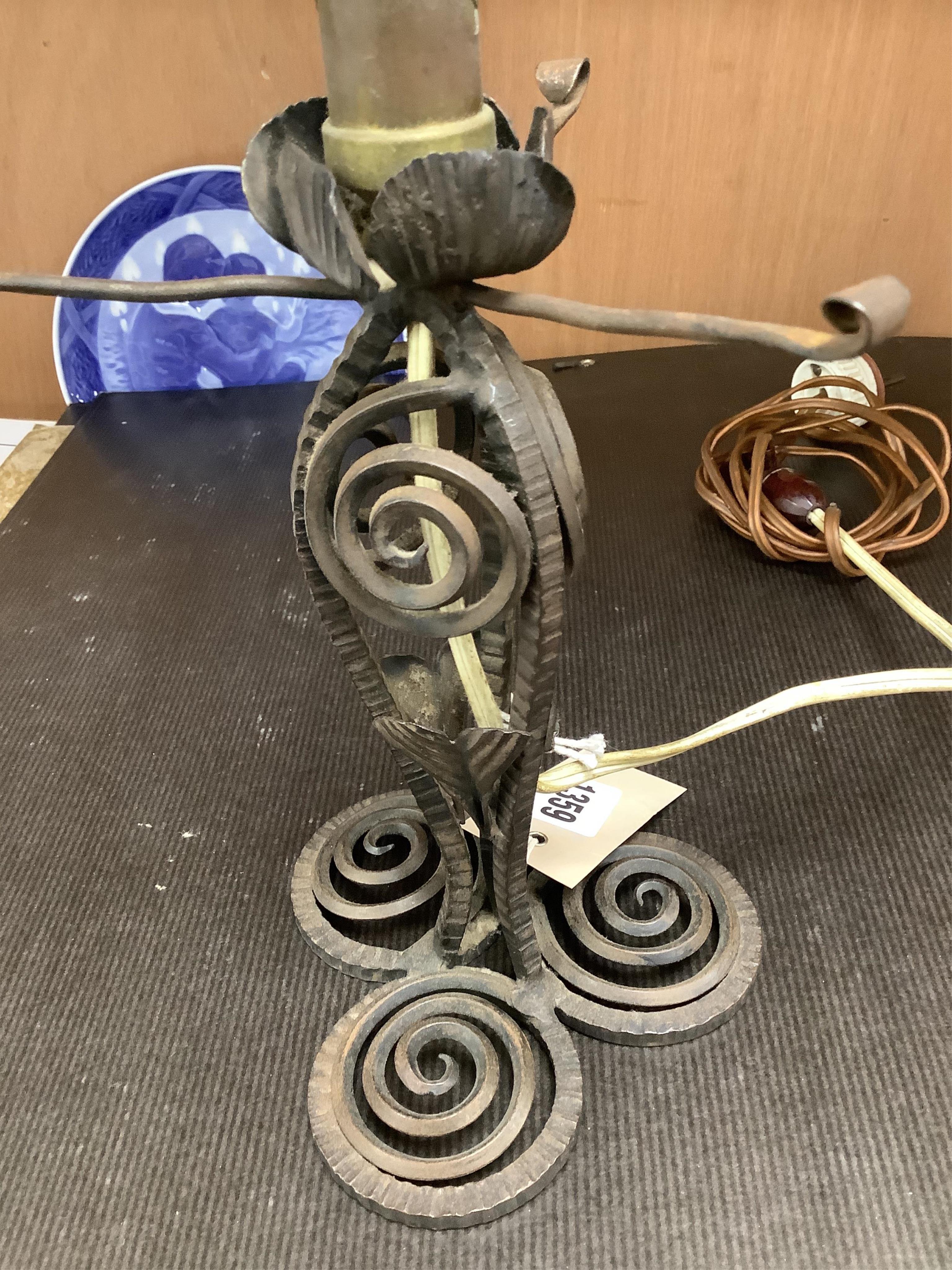 An Art Deco wrought iron and frosted glass mushroom lamp, signed Sonover to the shade, 35cm high